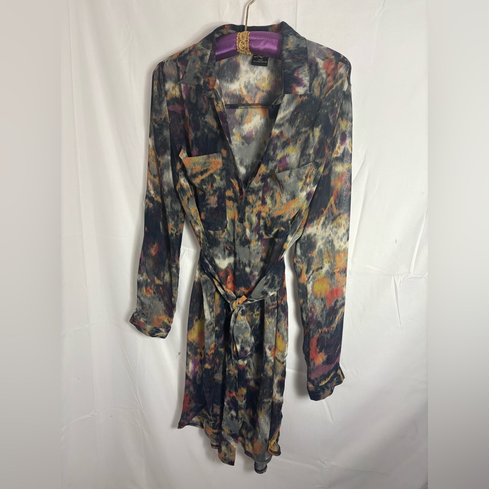 MM Couture Semi Sheer Long Sleeve Button Up Boho Shirt‎ Dress with Tie Size M